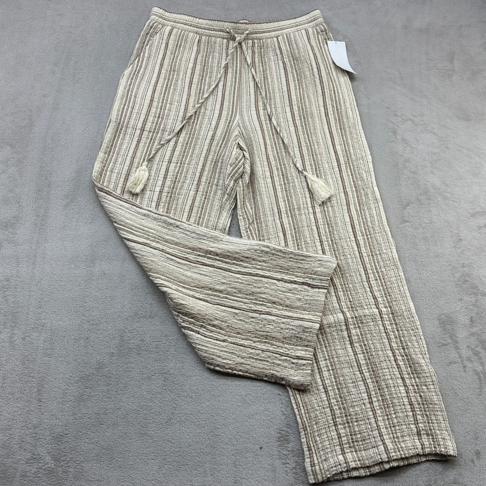 Karen Kane Aquamarine Drawstring Pants Women L Beige Striped Wide Leg Gauze Boho